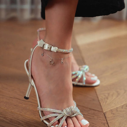 Alina Pearl Satin Stone Detailed Ankle Strap Heeled Shoes 498║