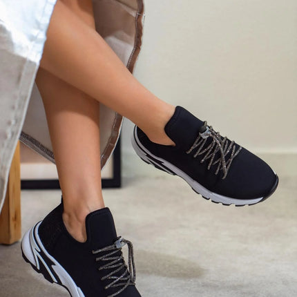 Amora Black Knitwear Back Platinum Detail Thick Sole Women's Lace-Up Sports Shoes -281