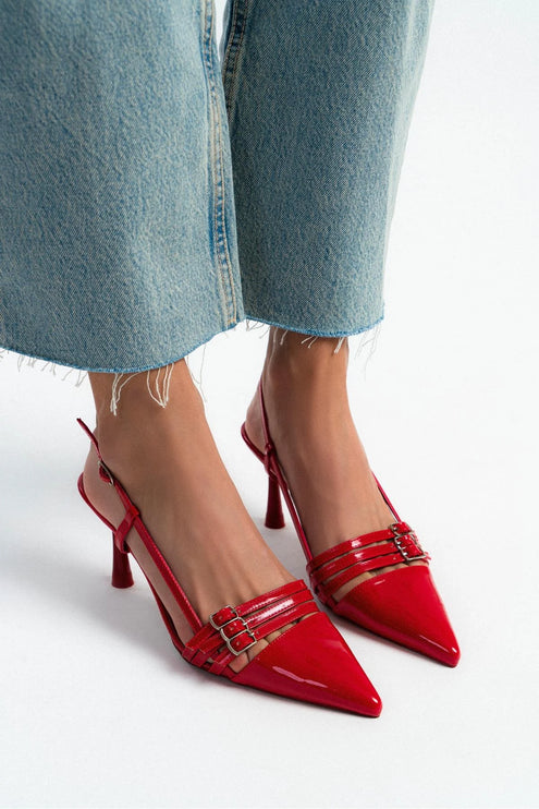 Andrina Red Patent Leather Belt Detail Ankle Tied Women's Heeled Shoes ║1046
