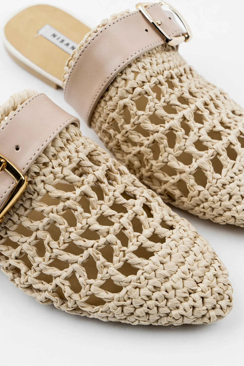 Best Beige Knitted Belt Detail Flat Sole Women's Slippers -937