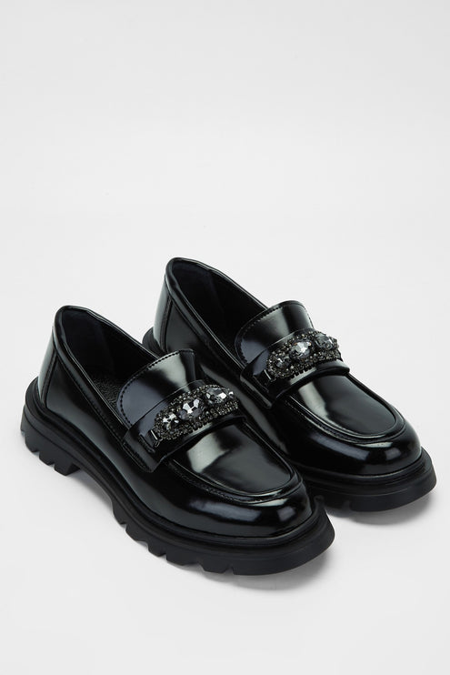 Black Opening Women's Vegan Loafer Shoes -355