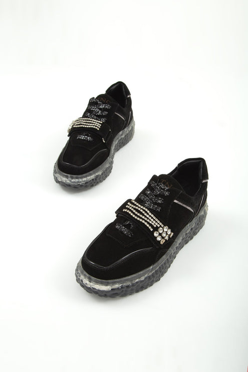 Black Suede Women's Genuine Leather Sneakers -286