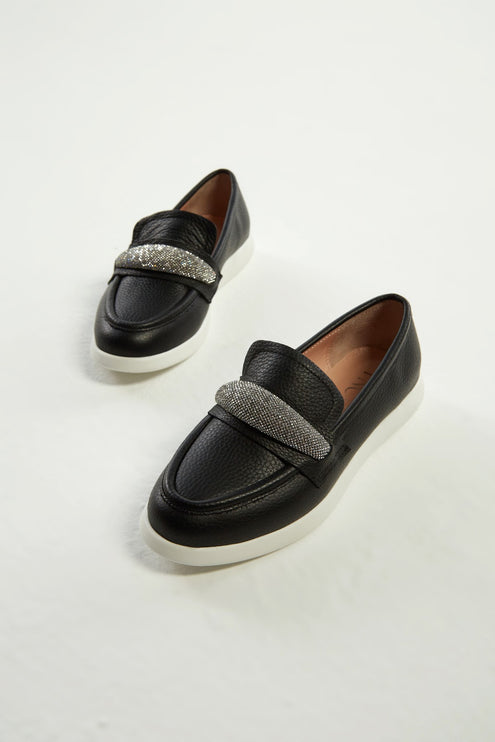 Women's Leather Loafers Black -305