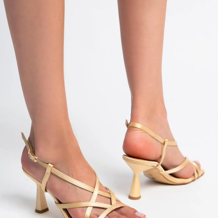 Gold Satin Ankle Strap Heeled Sandals 450║