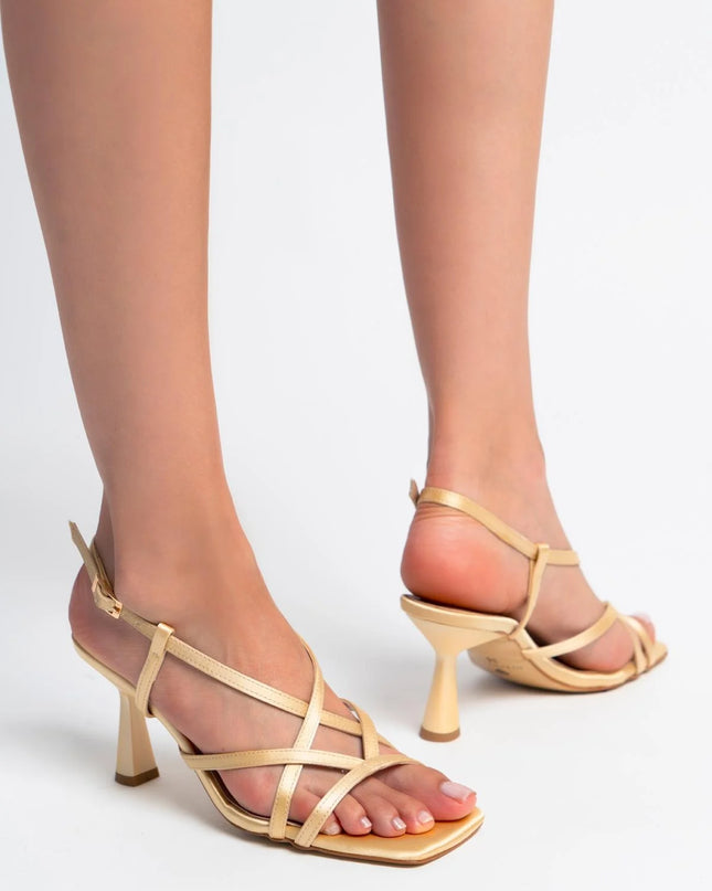 Gold Satin Ankle Strap Heeled Sandals 450║