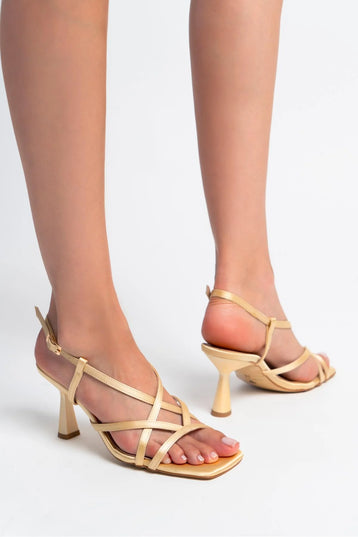 Gold Satin Ankle Strap Heeled Sandals 450║