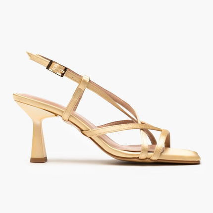 Gold Satin Ankle Strap Heeled Sandals 450║