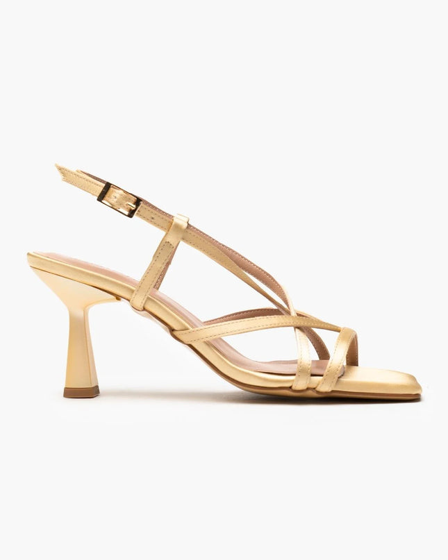 Gold Satin Ankle Strap Heeled Sandals 450║