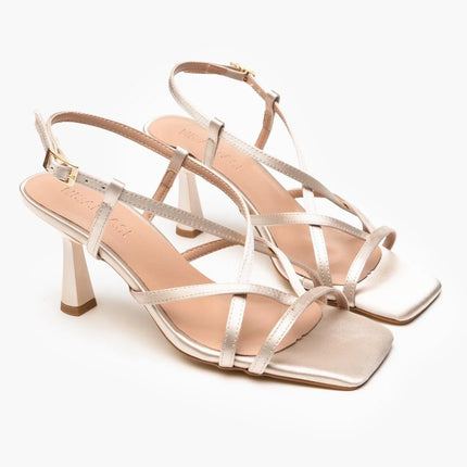 Gold Satin Ankle Strap Heeled Sandals 450║