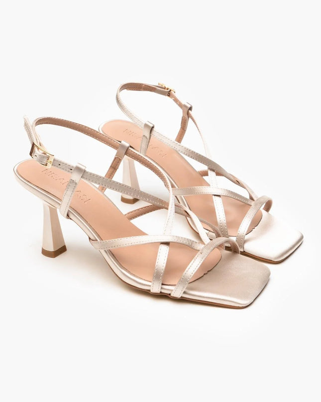 Gold Satin Ankle Strap Heeled Sandals 450║