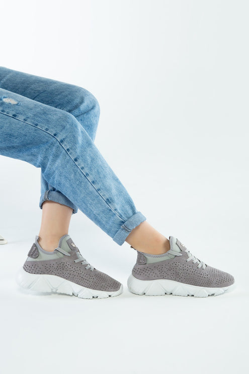 Gray Women's Genuine Leather Sneakers -268