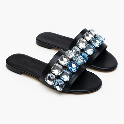 Central Black Matte Stone Detailed Flat Sole Women's Slippers -950