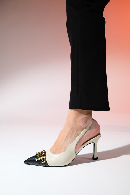 Aella Beige Black Trock Pointed Toe Women's Heeled Shoes 541║