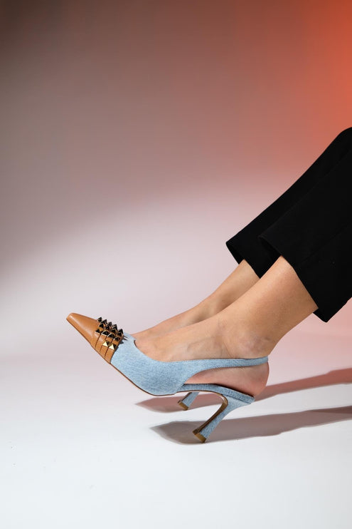 Aella Beige Black Trock Pointed Toe Women's Heeled Shoes 541║
