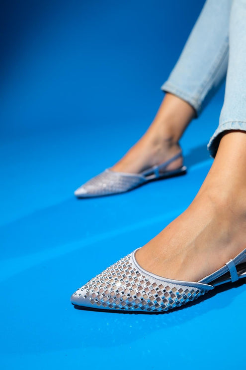 BONJOUR Sax Blue Satin Mesh Stone Women's Ballerina Shoes F306