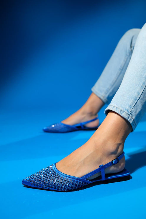 BONJOUR Sax Blue Satin Mesh Stone Women's Ballerina Shoes F306