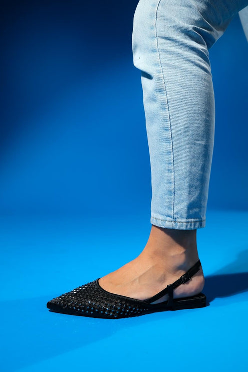 حذاء باليرينا نسائي من BONJOUR Sax باللون الأزرق من الساتان الشبكي F306
