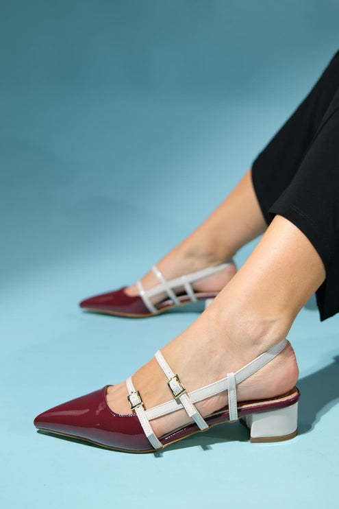 CENOVA Burgundy-Cream Patent Leather Women's Heeled Sandals ║1007