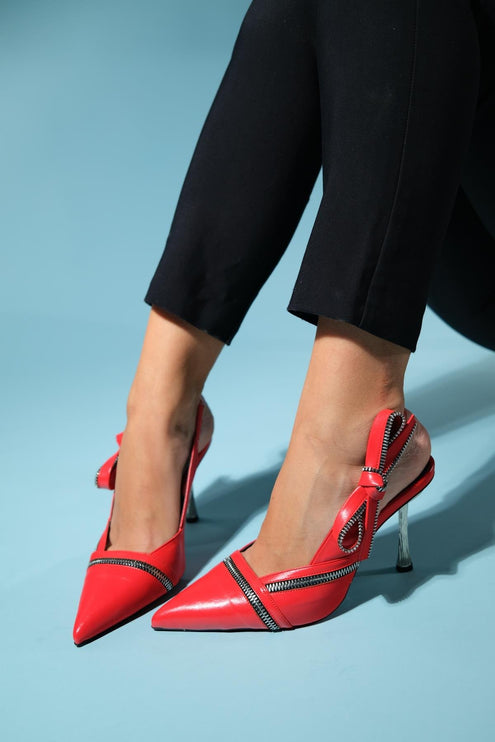 GLEN Red Skin Zipper Detailed Women's High Heeled Shoes ║1010