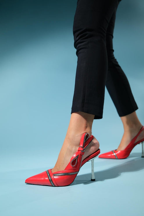 حذاء GLEN ذو سحاب جلدي أحمر اللون للنساء بكعب عالٍ ║1010