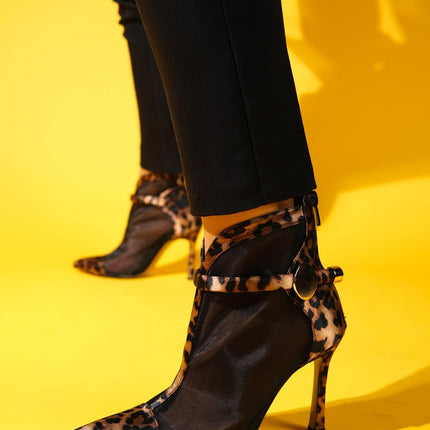 GROVE Black Yellow Patterned Mesh Back Zipper Women's Thin Heeled Boots ║1069