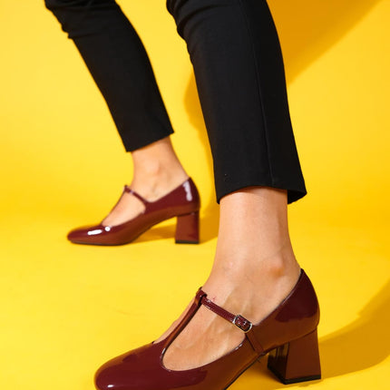 GELSİ Burgundy Patent Leather Women's Thick Heeled Shoes ║1038