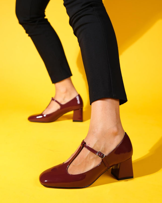 GELSİ Burgundy Patent Leather Women's Thick Heeled Shoes ║1038