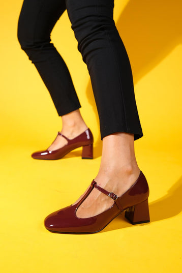 GELSİ Burgundy Patent Leather Women's Thick Heeled Shoes ║1038