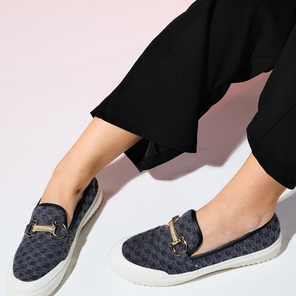 MARRAKECH Black Denim Buckle Women's Loafer Shoes - 416