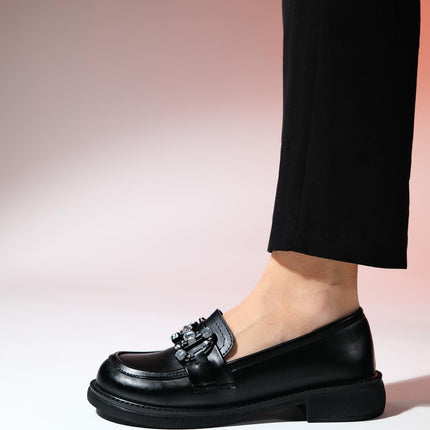 Norman Black Skin Stone Buckle Women's Loafer Shoes -412