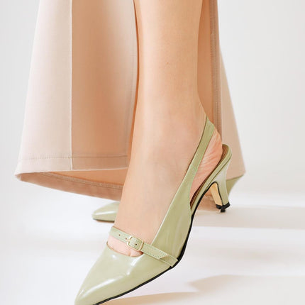 Concepcion Mint Green Pointed Toe Heeled Shoes with Belt Detail 1060║