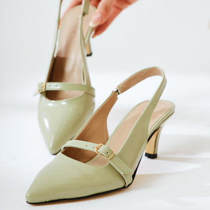 Concepcion Mint Green Pointed Toe Heeled Shoes with Belt Detail 1060║