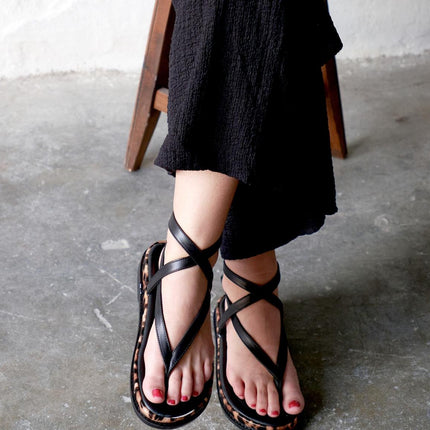 Crosy Black Leather Leopard Sandals -0019