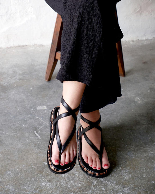Crosy Black Leather Leopard Sandals -0019