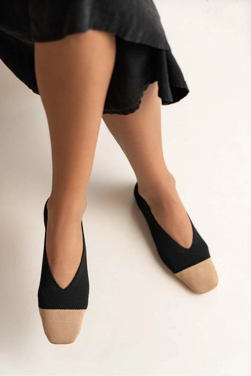 Cruze Black Front Beige Knitwear Flat Sole Ballerinas F87