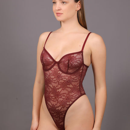 Unsupported Lace Stud Bodysuit Burgundy