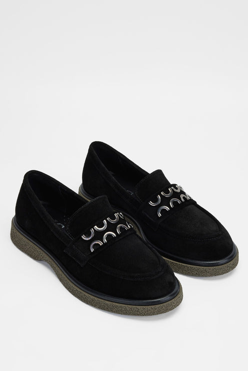 حذاء لوفر جلد طبيعي للنساء من جلد الغزال الأسود -394