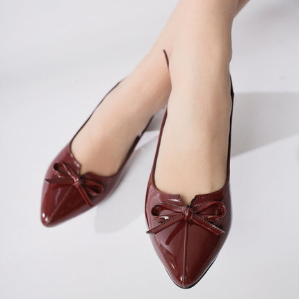 Entela Claret Red Pointed Toe Bow Detailed Low Heeled Shoes ║1050