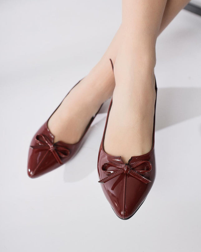 Entela Claret Red Pointed Toe Bow Detailed Low Heeled Shoes 1050║