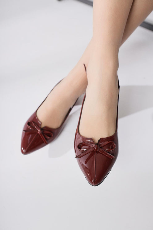 Entela Claret Red Pointed Toe Bow Detailed Low Heeled Shoes ║1050
