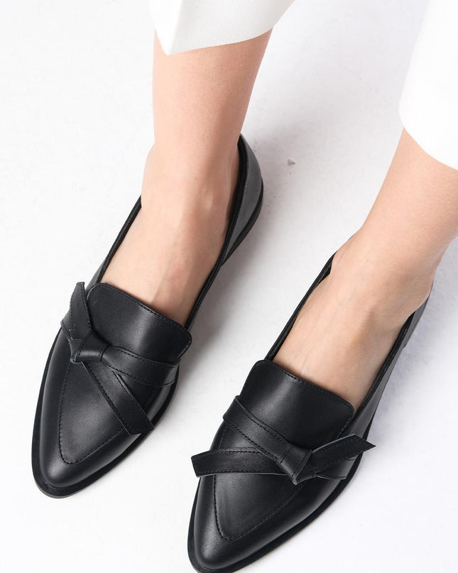 Genuine Leather Black Bow Loafer Shoes F08