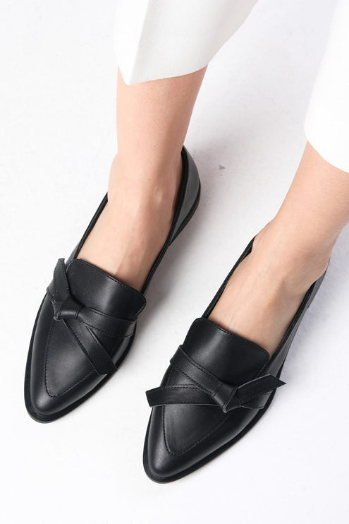 Genuine Leather Black Bow Loafer Shoes F08