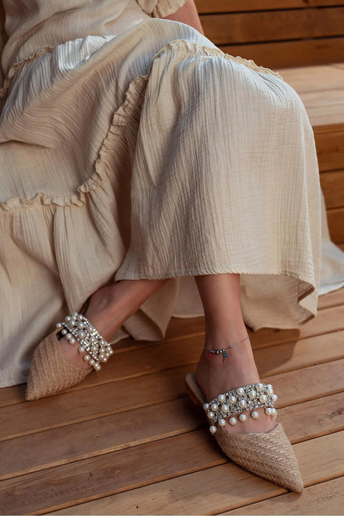 Fomax White Kilim Pearl Detail Women's Slippers