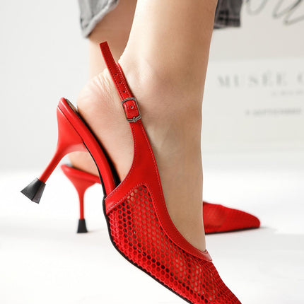 Giovana Red Pointed Toe Mesh Heeled Sandals ║1059