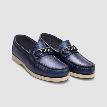 Genuine Leather Navy Blue Buckle Women's Casual Shoes -380