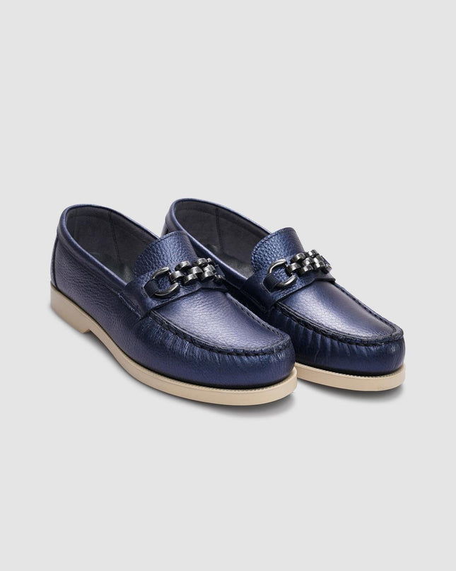 Genuine Leather Navy Blue Buckle Women's Casual Shoes -380