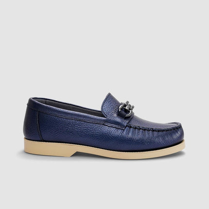 Genuine Leather Navy Blue Buckle Women's Casual Shoes -380