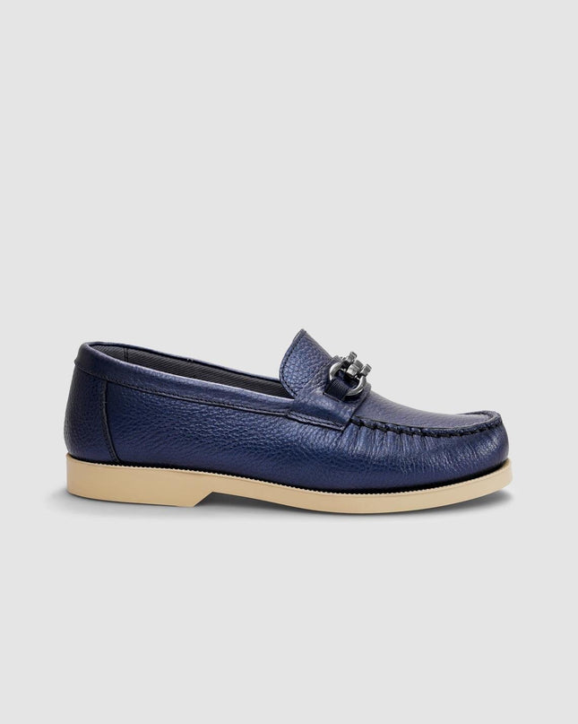 Genuine Leather Navy Blue Buckle Women's Casual Shoes -380