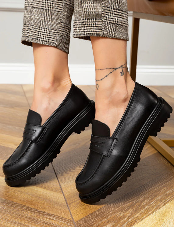 Lena Genuine Leather Black Loafer Women's Shoes -313