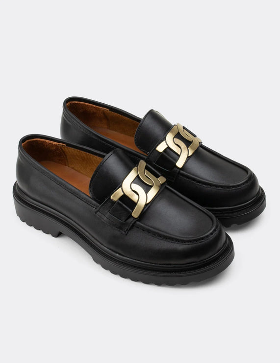 Genuine Leather Black Loafer Buckle Women's Shoes -364